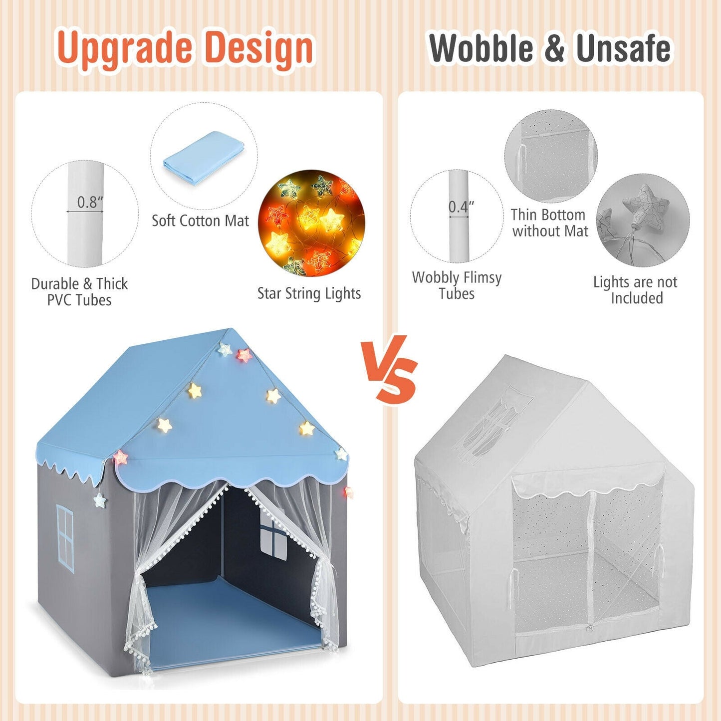 Kids Playhouse Tent with Colorful Star Lights and Mat - Blue