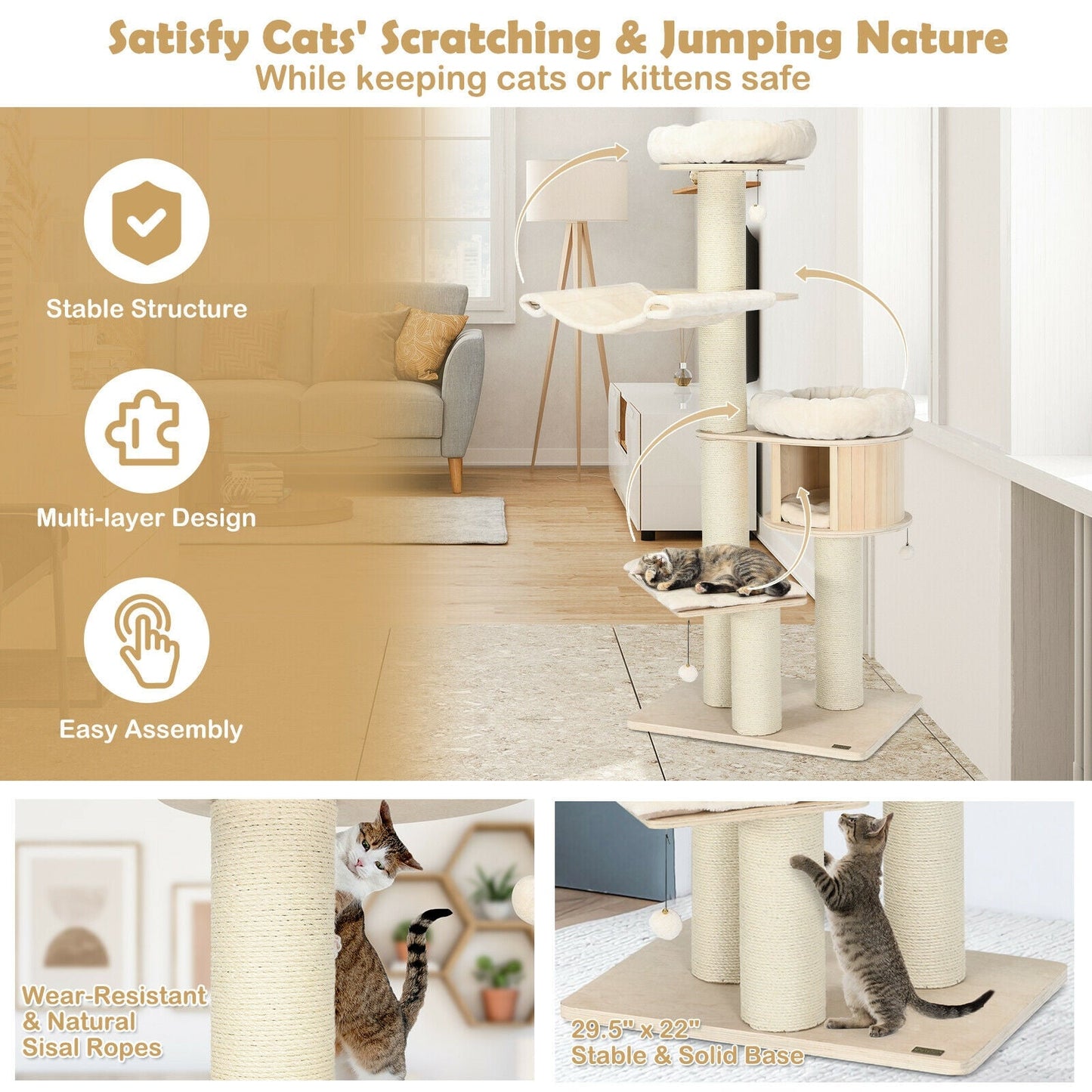 4-Layer 68.5-Inch Wooden Cat Tree Condo with Sisal Posts