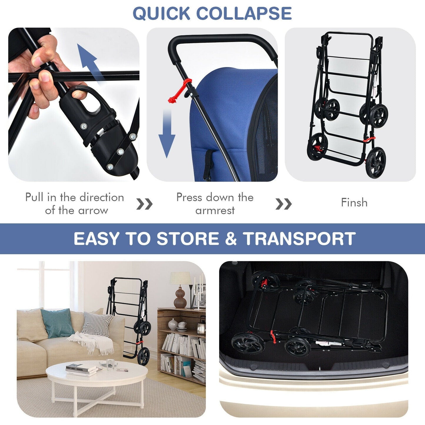 4-in-1 Double Pet Stroller with Detachable Carrier - Blue