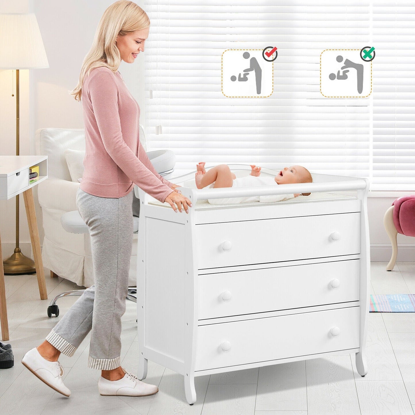 Premium Baby Changing Table with 3 Drawers and Safety Belt - White