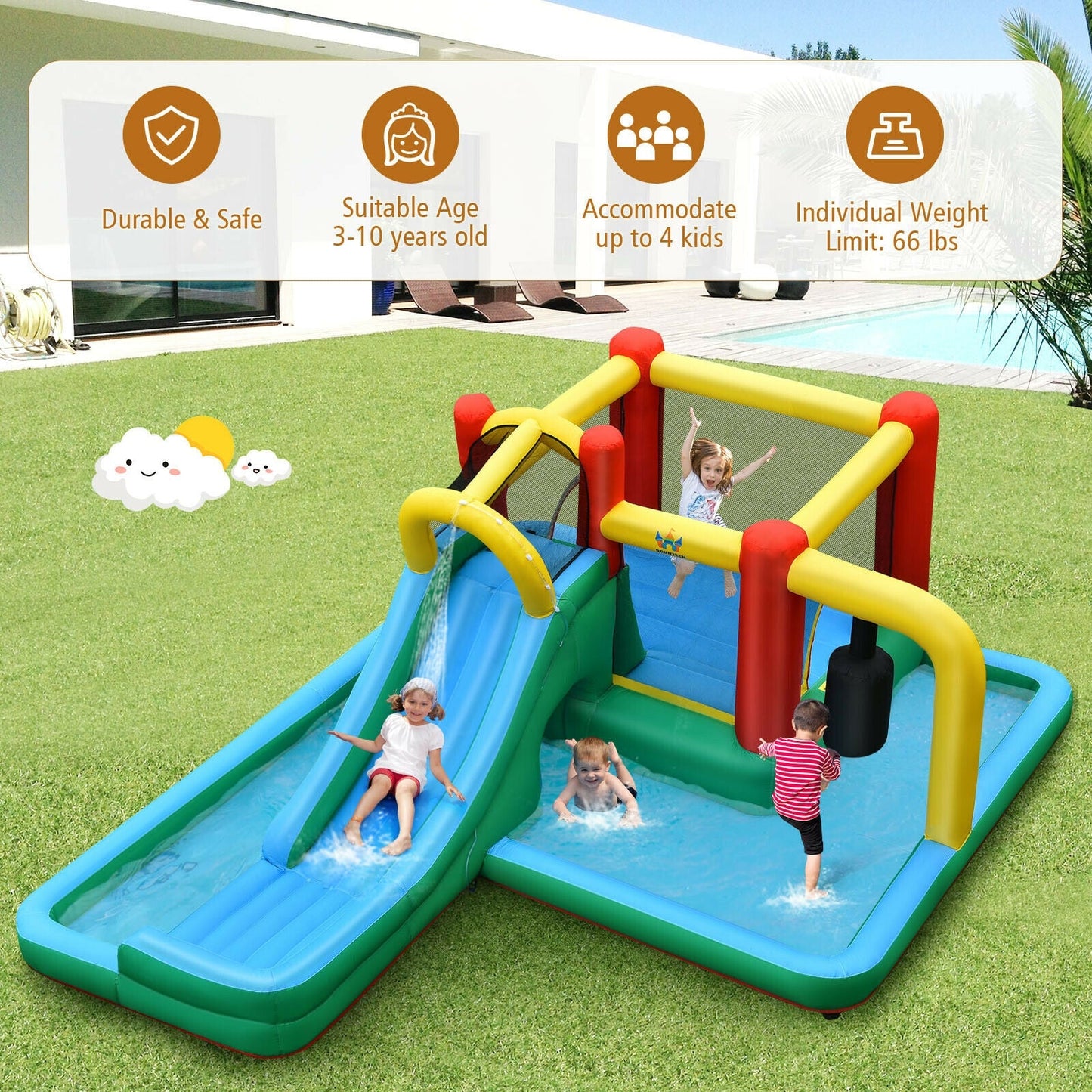 Château gonflable avec toboggan aquatique et tunnel & souffleur