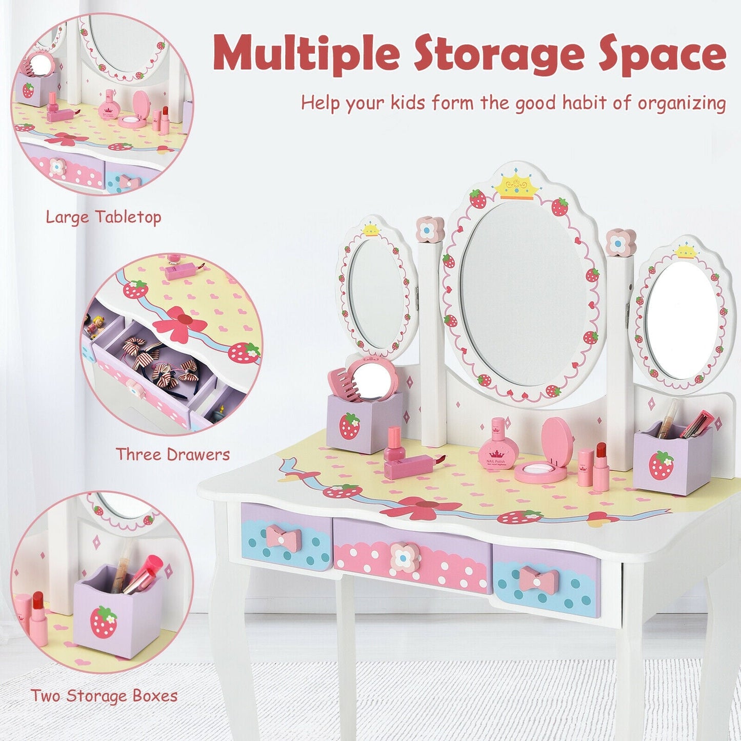 Ensemble de table de maquillage princesse pour enfants avec chaise - Blanc