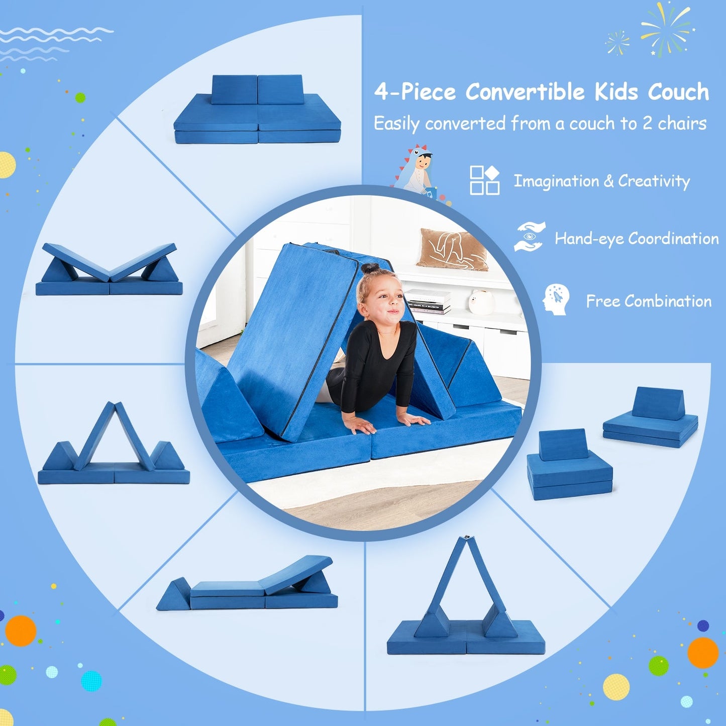 Ensemble de canapé convertible pour enfants en 4 pièces avec tapis pliants - Bleu