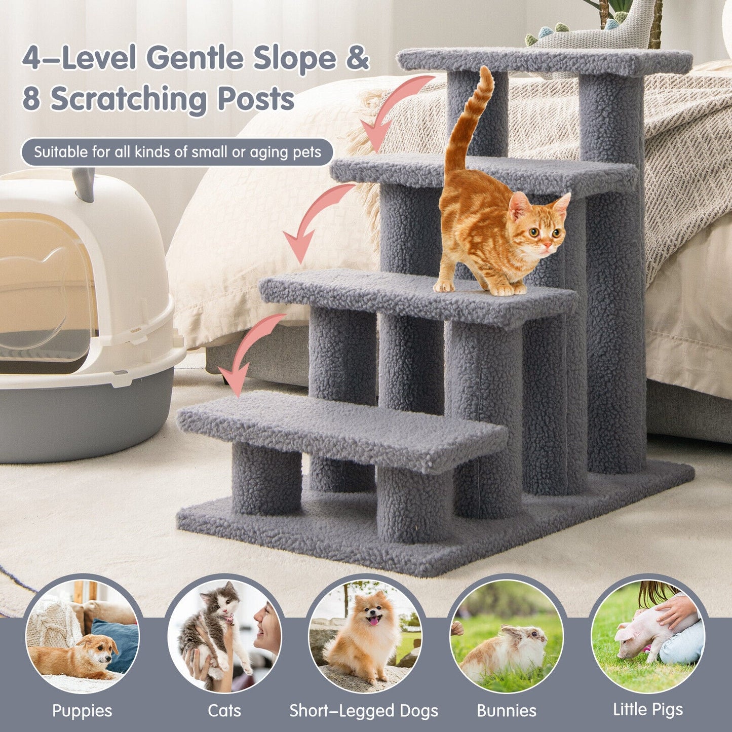 Escaliers pour animaux de compagnie en moquette à 4 marches de 24 pouces pour chats - Gris