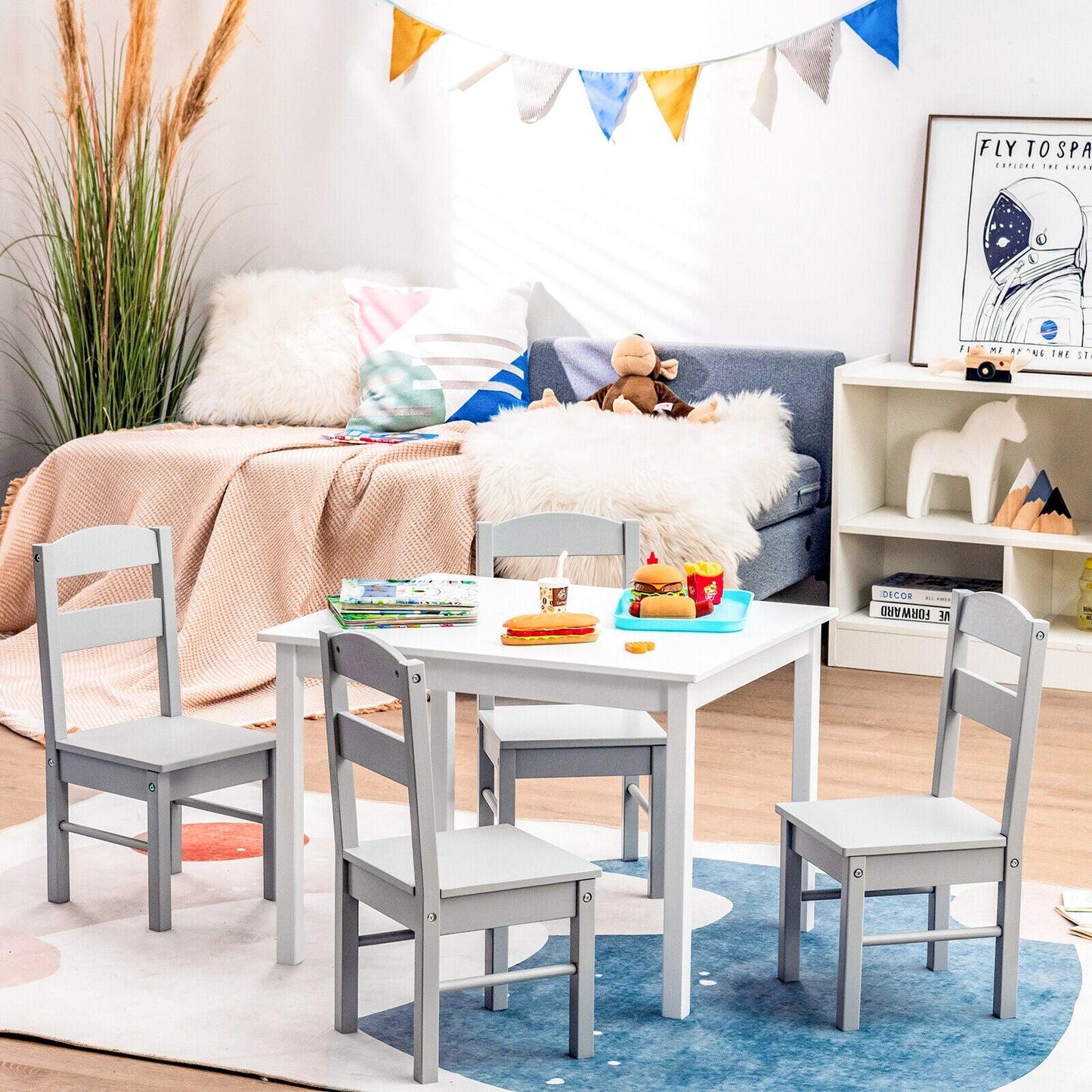 Kids 5-Piece Wooden Table and Chair Set - White