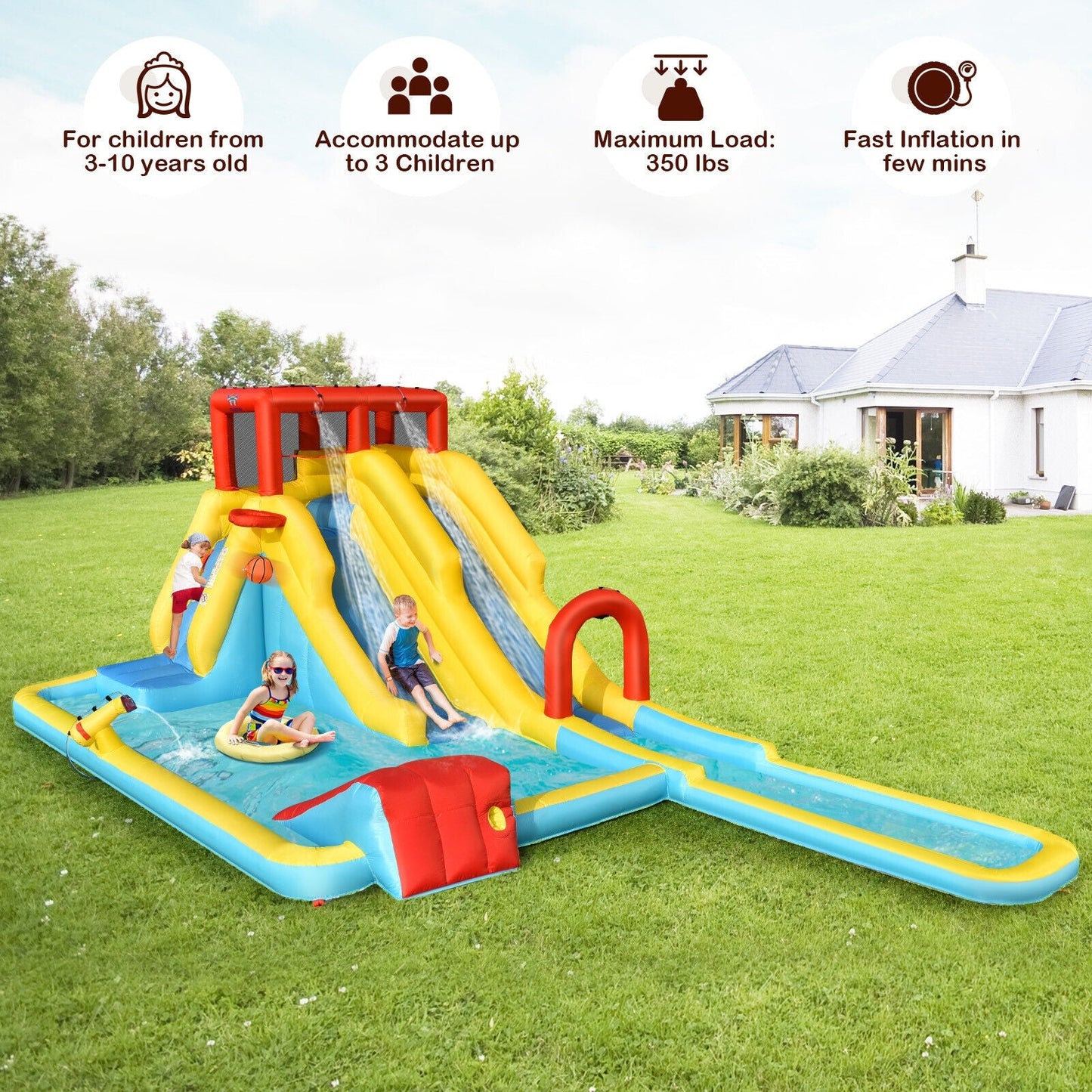 Parque Acuático Inflable de Doble Tobogán con Soplador de Aire