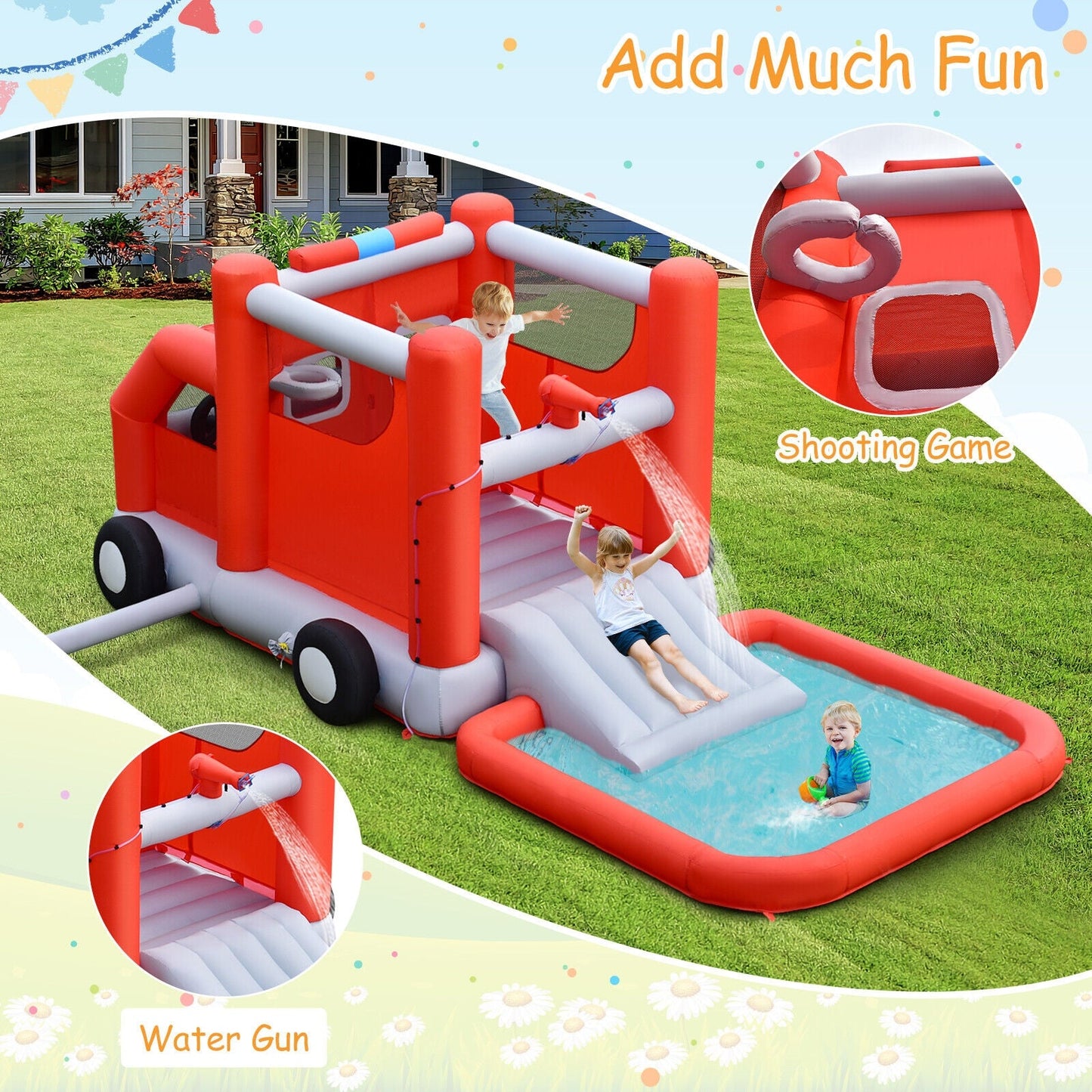Fire Truck Themed Inflatable Castle Water Park for Kids