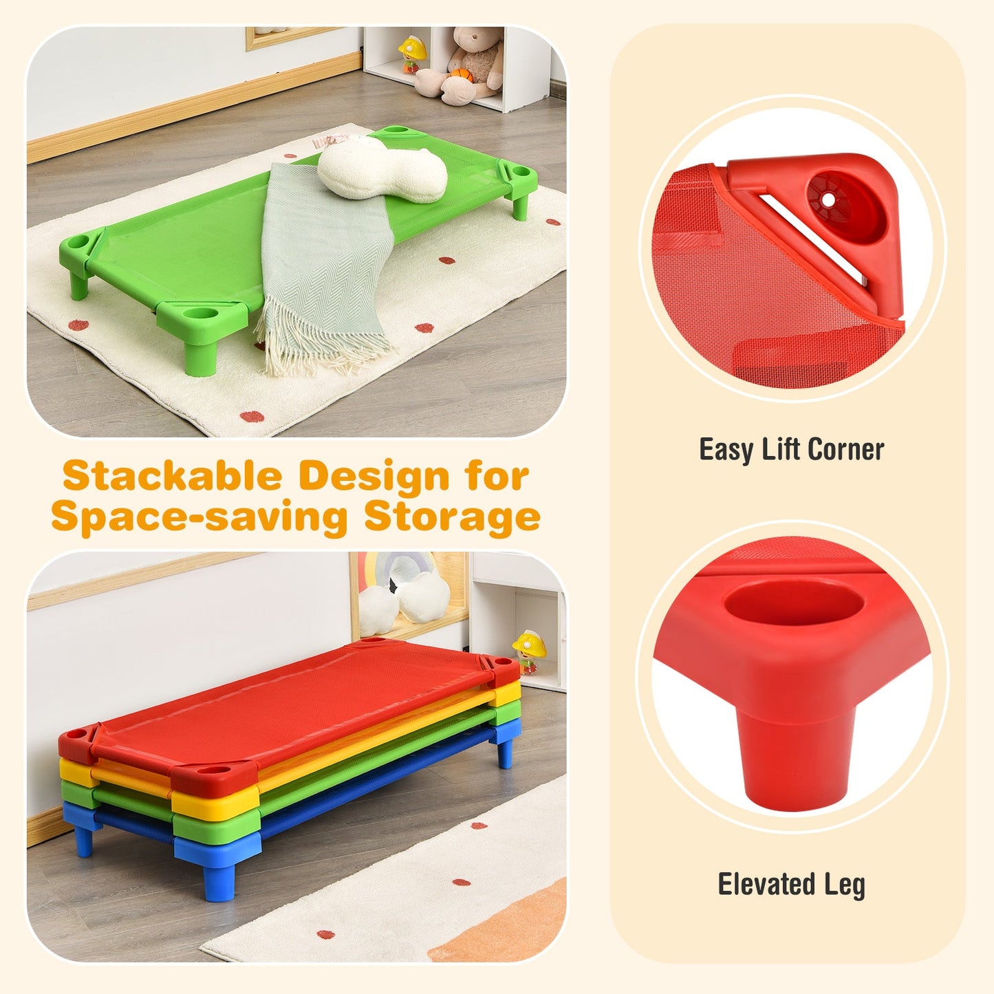 Pack of 4 Colorful Kids Stackable Naptime Cots