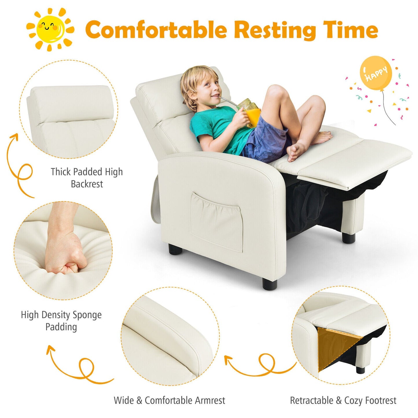 Ergonomic PU Leather Kids Recliner Sofa - White