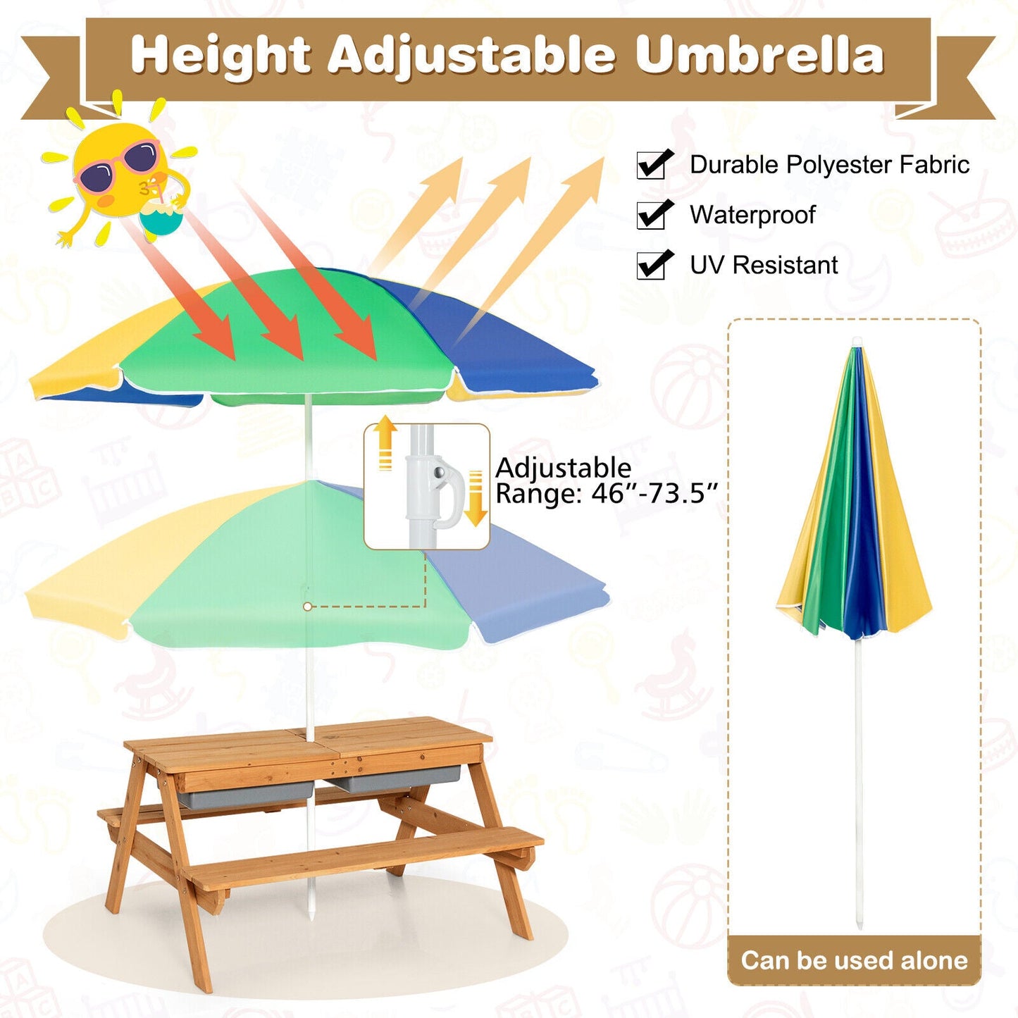 3-in-1 Kids Outdoor Picnic Water Sand Table with Umbrella - Yellow