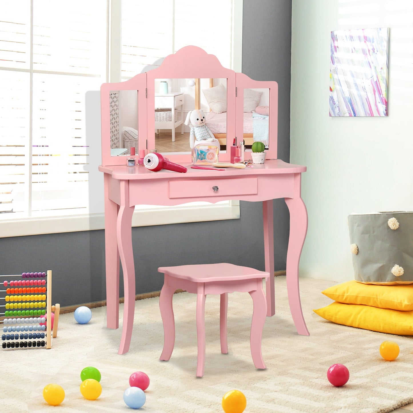 Conjunto de Mesa de Vanity con Espejo de Maquillaje Rosa para Niños