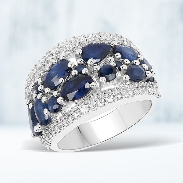 Bague en Argent Sterling avec Saphir Bleu de 3,61 Carats et Zircon Blanc