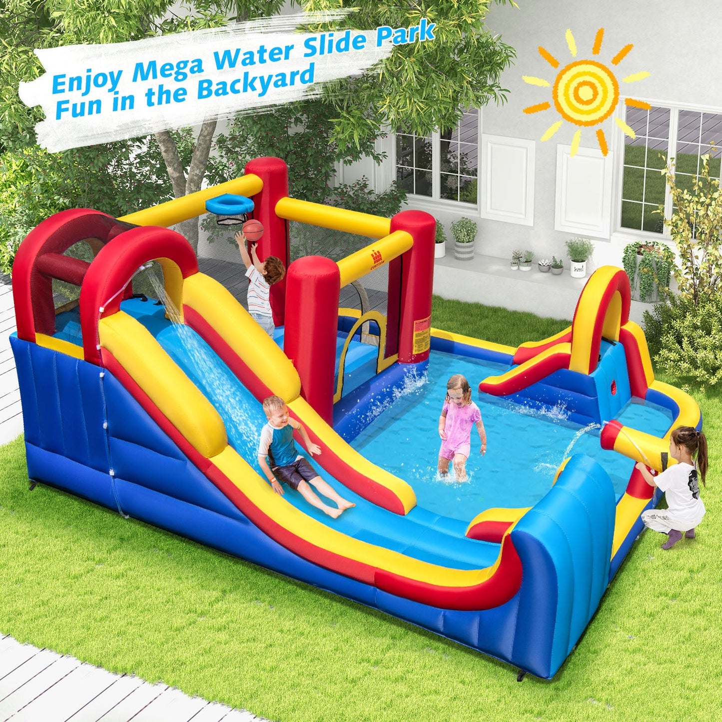 Maison Gonflable Extérieure 7 en 1 avec Toboggans Aquatiques