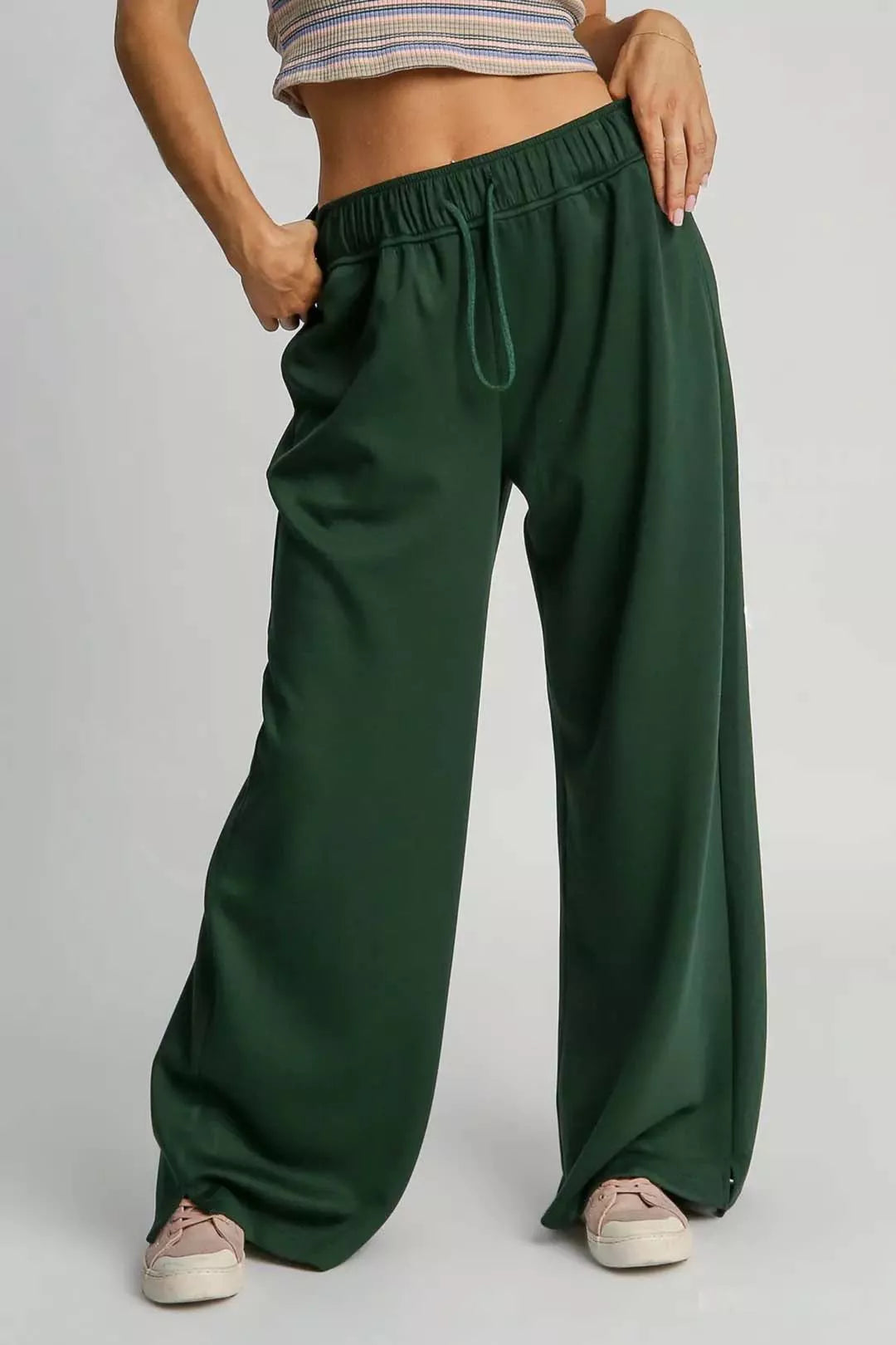 Umgee Wide Leg Pants with Elastic Drawstring Waistband