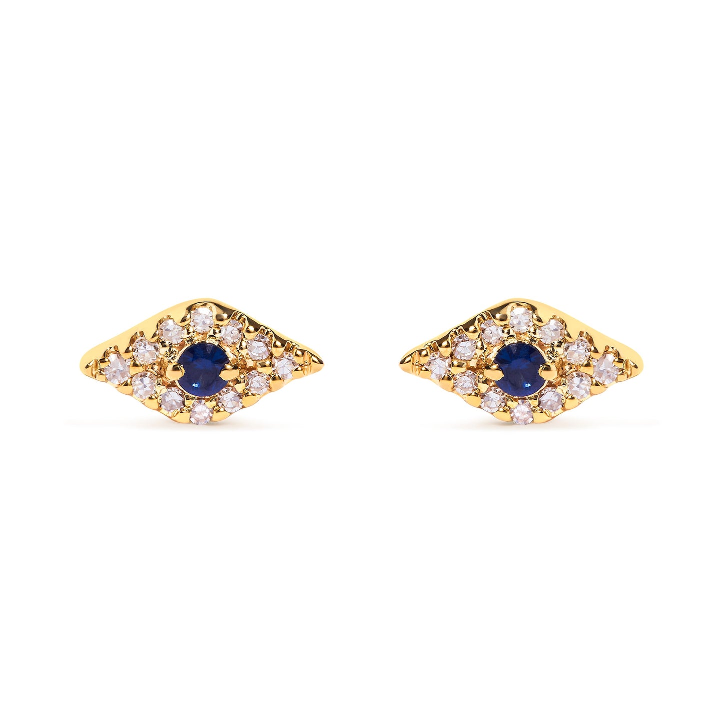 Pendientes de Stud de Ojo Maligno de Zafiro Azul y Diamante en Oro Amarillo de 10K