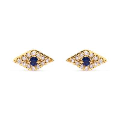 Pendientes de Stud de Ojo Maligno de Zafiro Azul y Diamante en Oro Amarillo de 10K