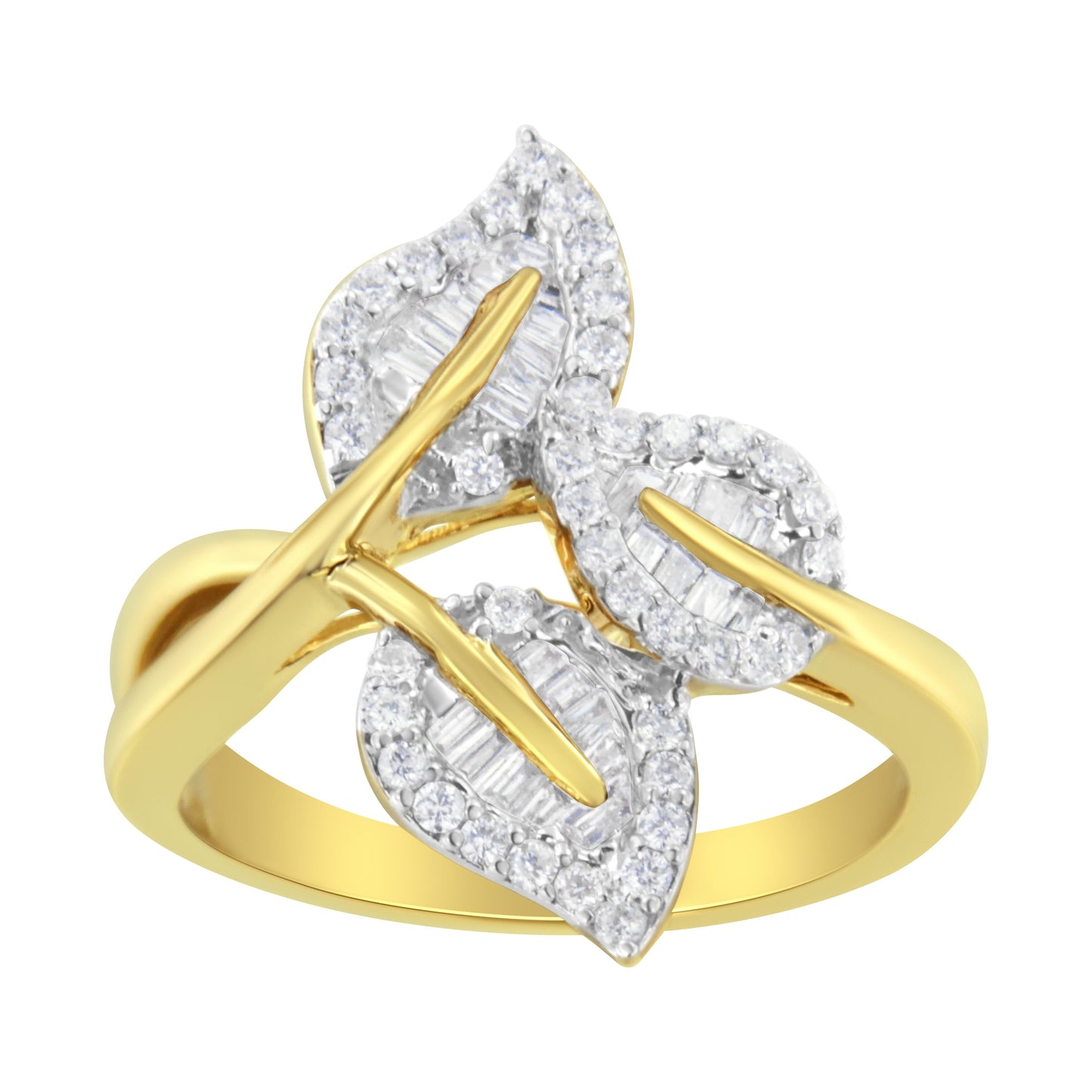 Anillo de tres hojas con diamantes en oro amarillo y blanco de 10k - Talla 7