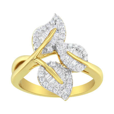10k Yellow and White Gold Diamond Bypass Triple Leaf Ring - Size 7