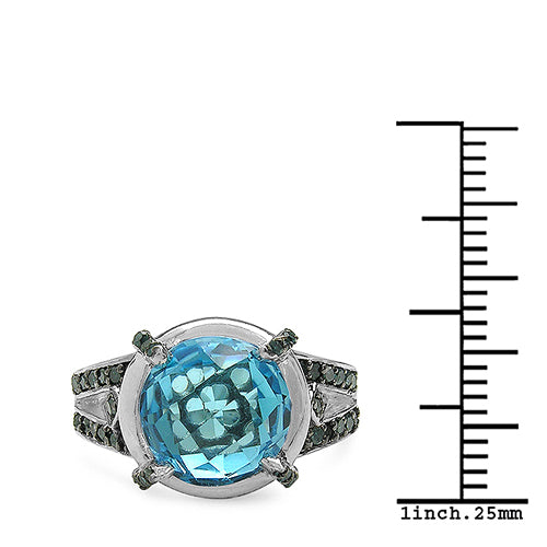 Bague en argent sterling avec topaze bleue suisse de 5,43 carats et diamants bleus