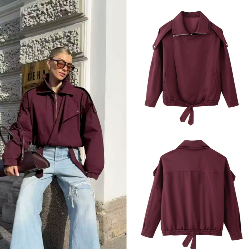 Chaqueta Bomber Suelta y Versátil para Mujer en Rojo Vino