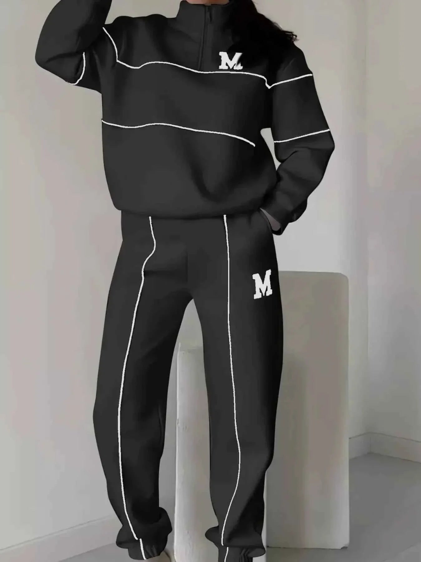 Plus Size Striped Quarter Zip Top and Pants Set