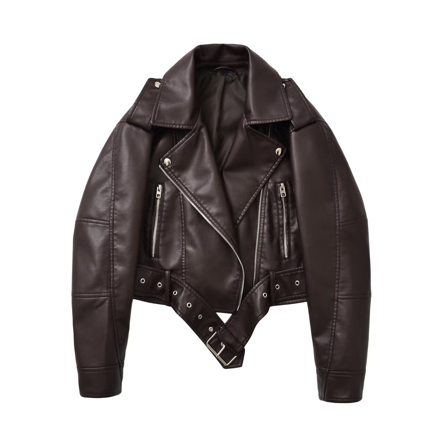 Chaqueta de moto corta con cinturón retro para mujer