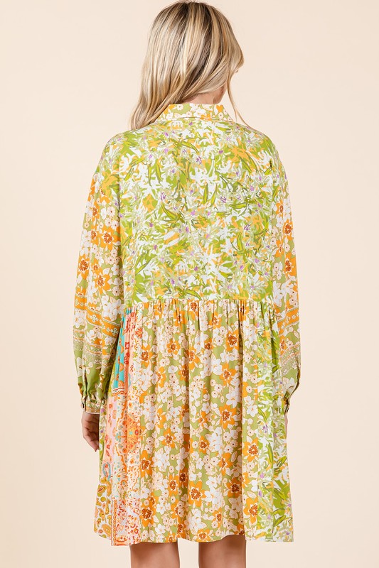 Floral Button Detail Long Sleeve Shirt Dress for Women