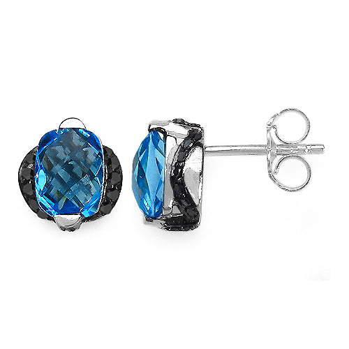 3.74 Carat Genuine Blue Topaz & Black Diamond Earrings