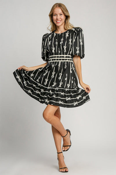 Elegant Black Ribbon Print Dress for Women
