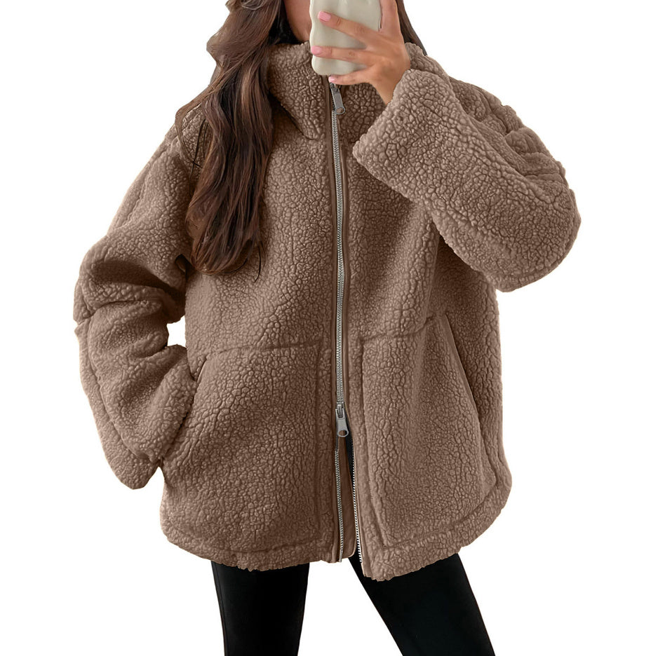 Manteau élégant d'hiver à col avec fermeture éclair et poches
