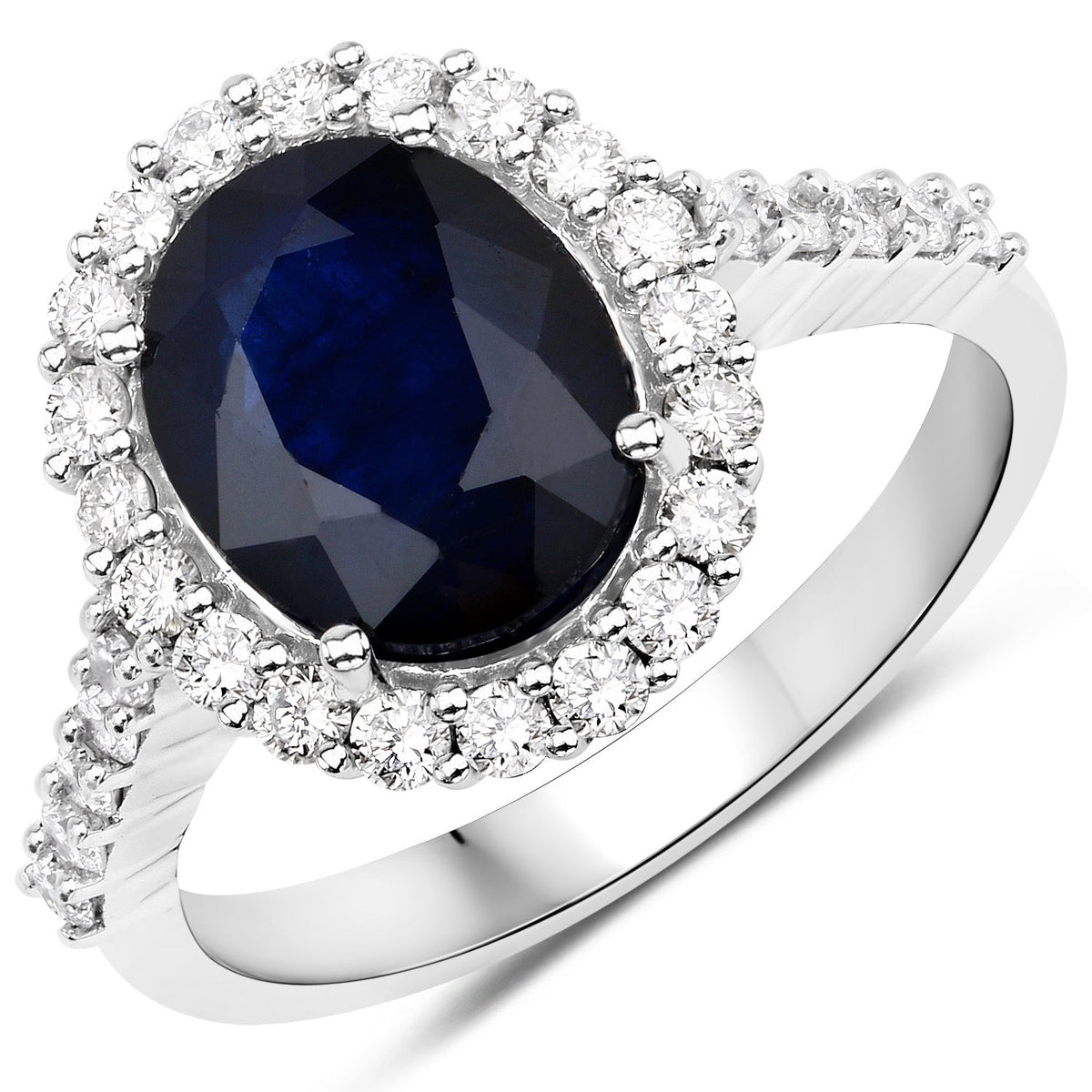 3.70 Carat Blue Sapphire & Diamond 14K White Gold Engagement Ring