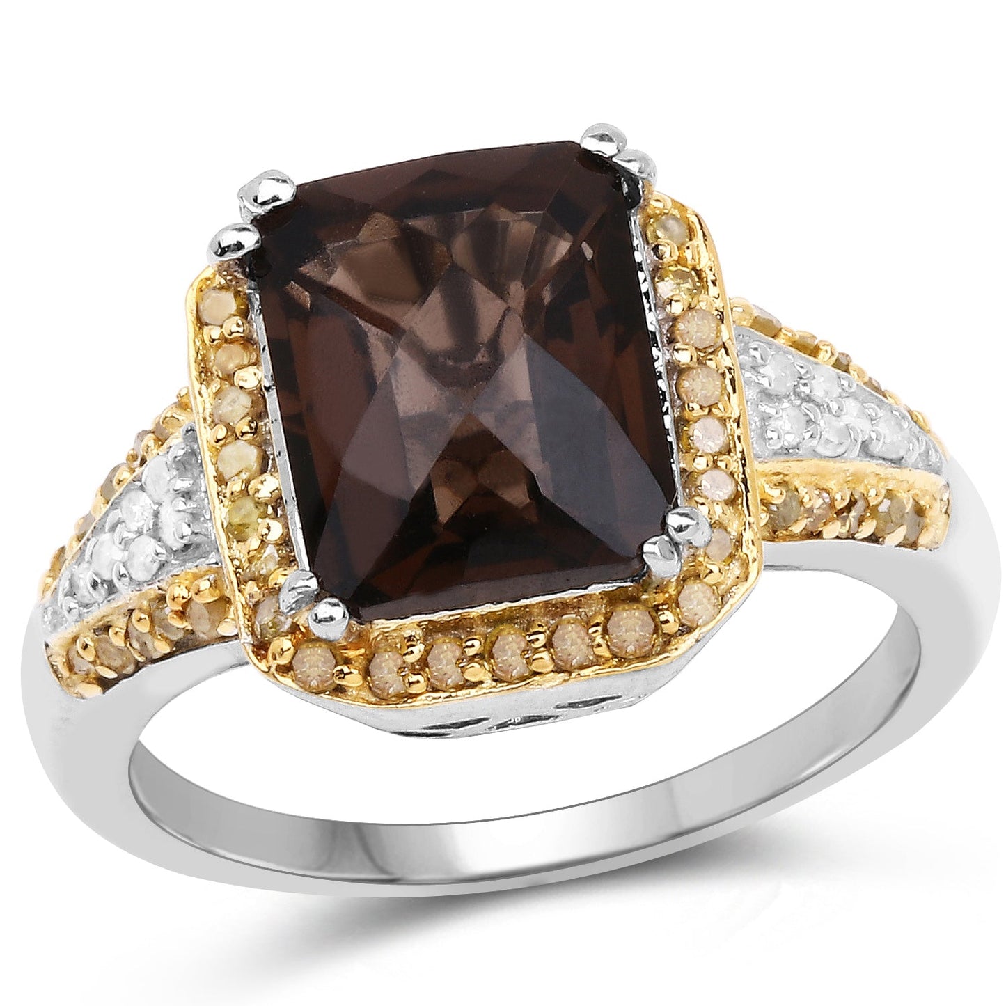 Anillo de plata esterlina con cuarzo ahumado y diamantes de 3.48 quilates