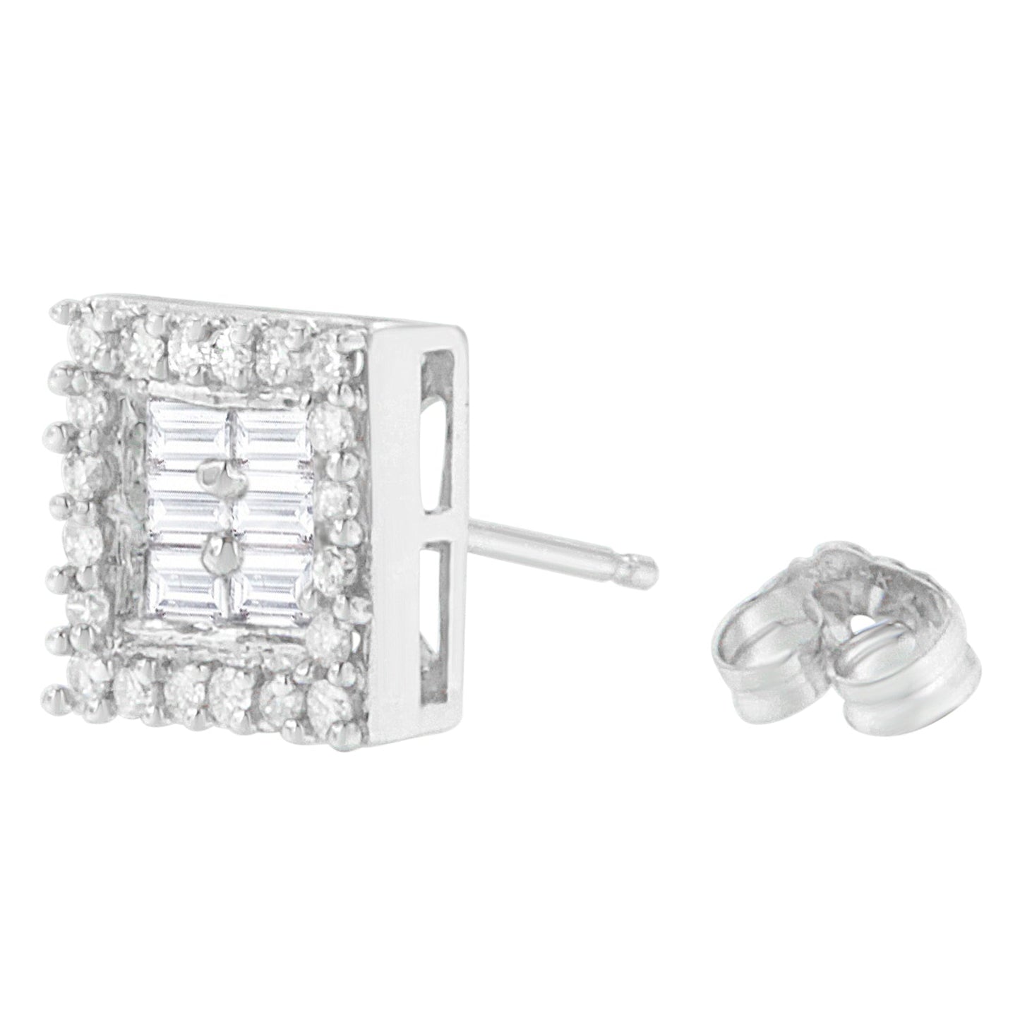 Pendientes de diamantes en oro blanco de 14 quilates con forma redonda y baguette