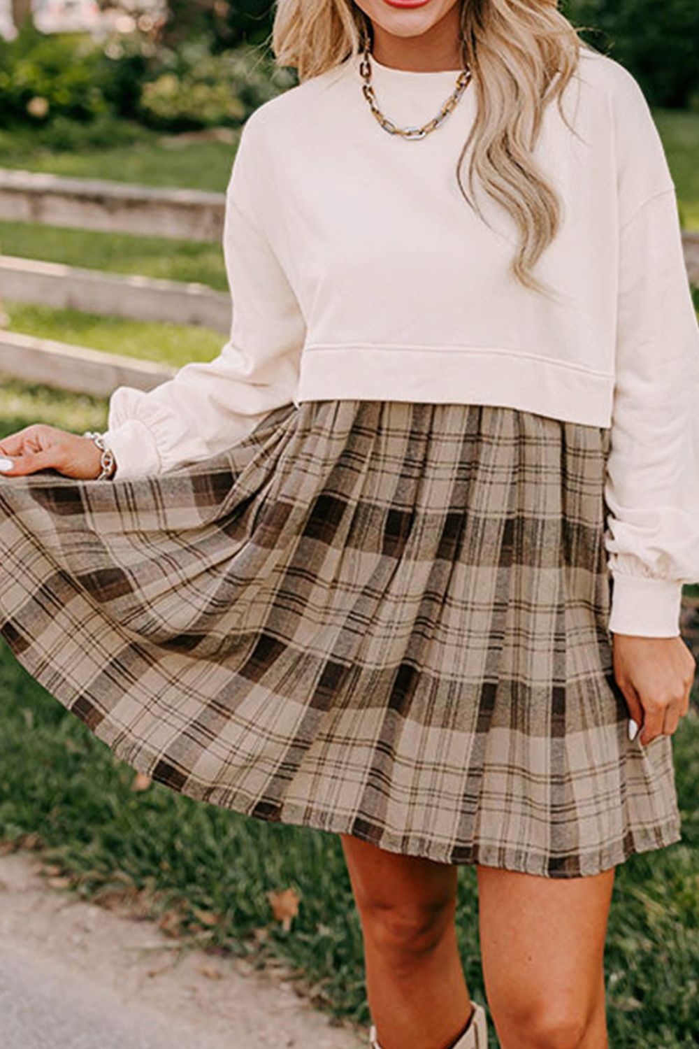 Vintage Plaid Round Neck Long Sleeve Mini Dress Cozy & Stylish Dress Retro Design Dress For Party - Korvel
