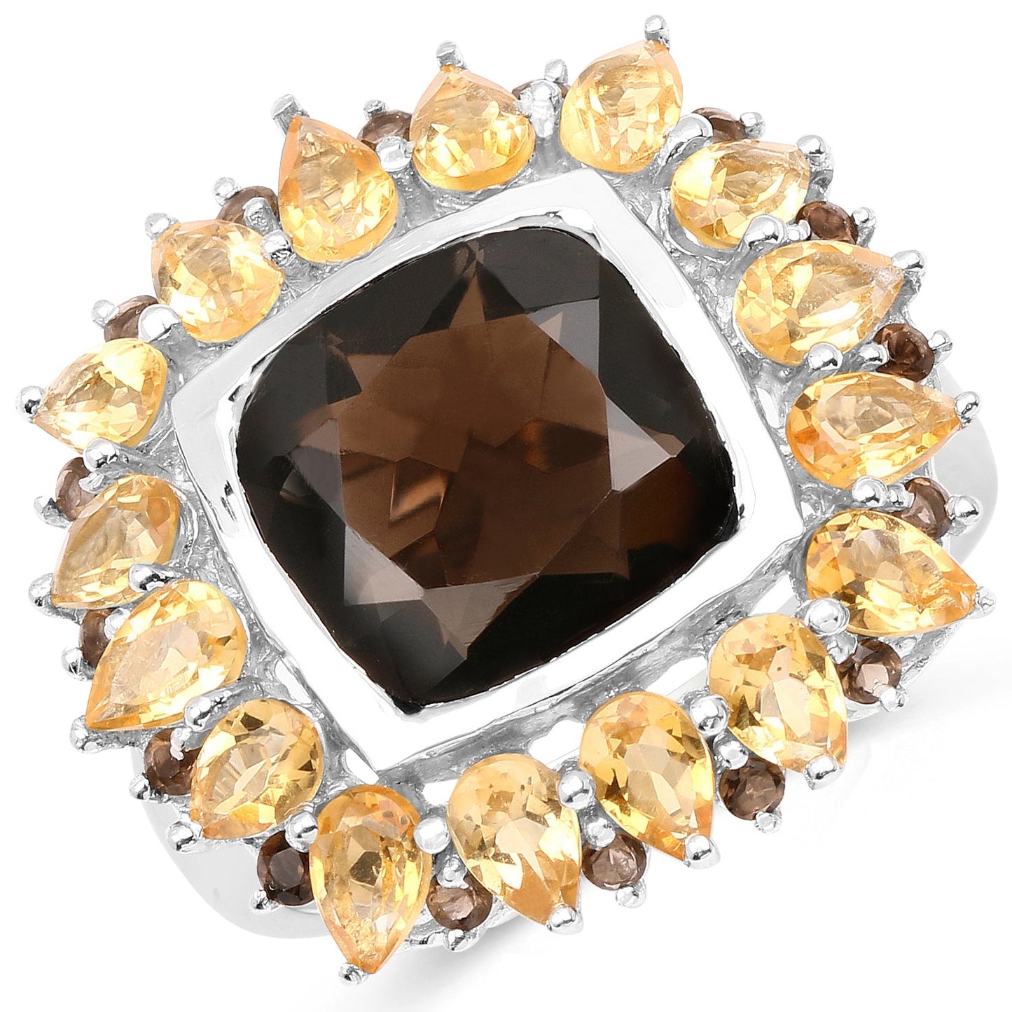 Anillo de cóctel de plata esterlina con cuarzo ahumado y citrino de 9.16 quilates