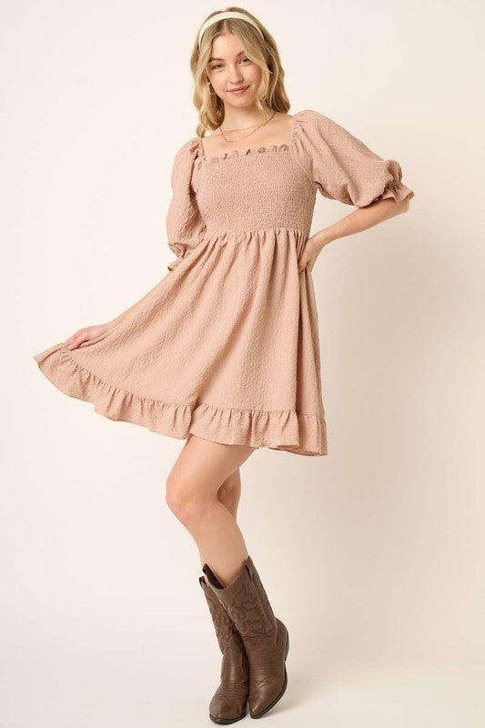Charming Smocked Ruffled Hem Mini Dress