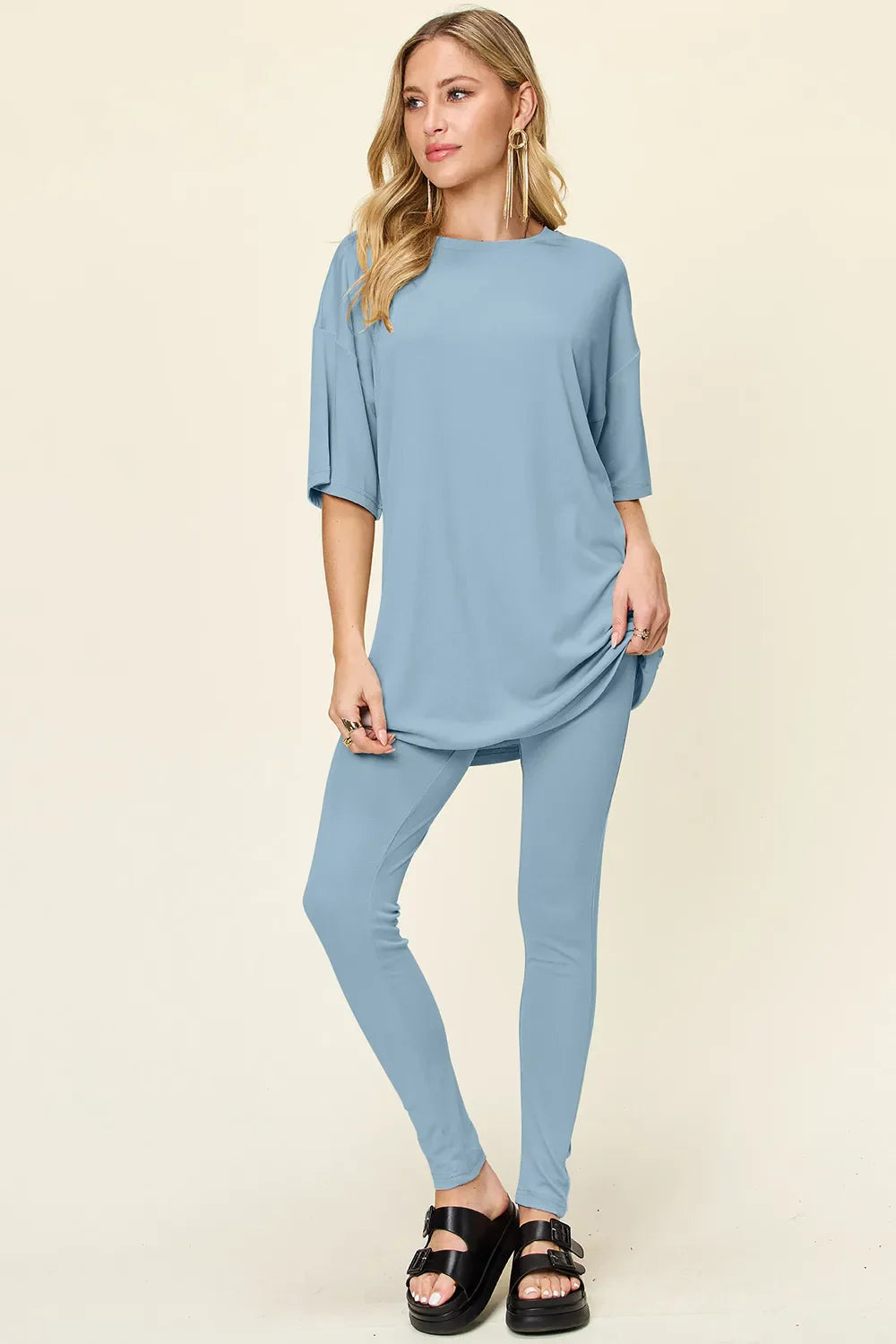 Double Take Full Size Round Neck T-Shirt and Leggings Set