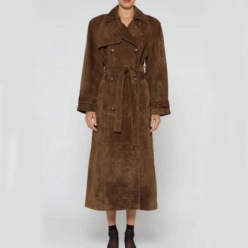 Manteau long en suède vintage à double boutonnage avec ceinture