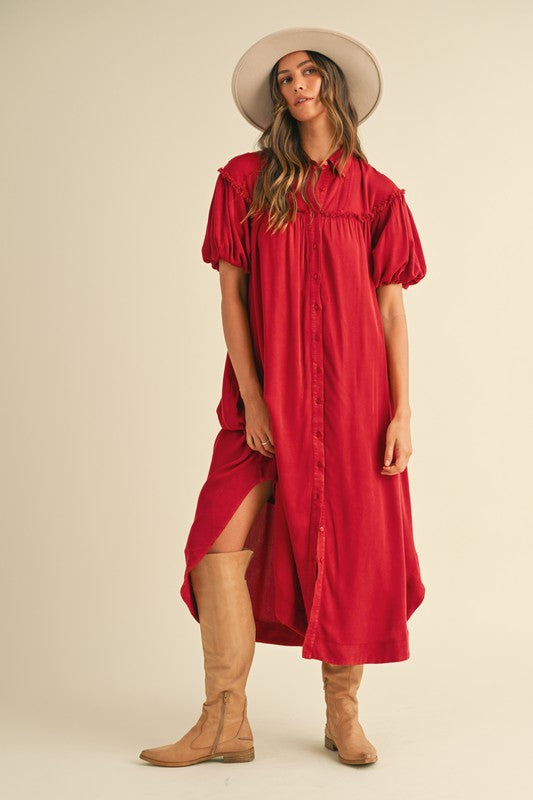 Robe chemise à manches bouffantes en lavage minéral
