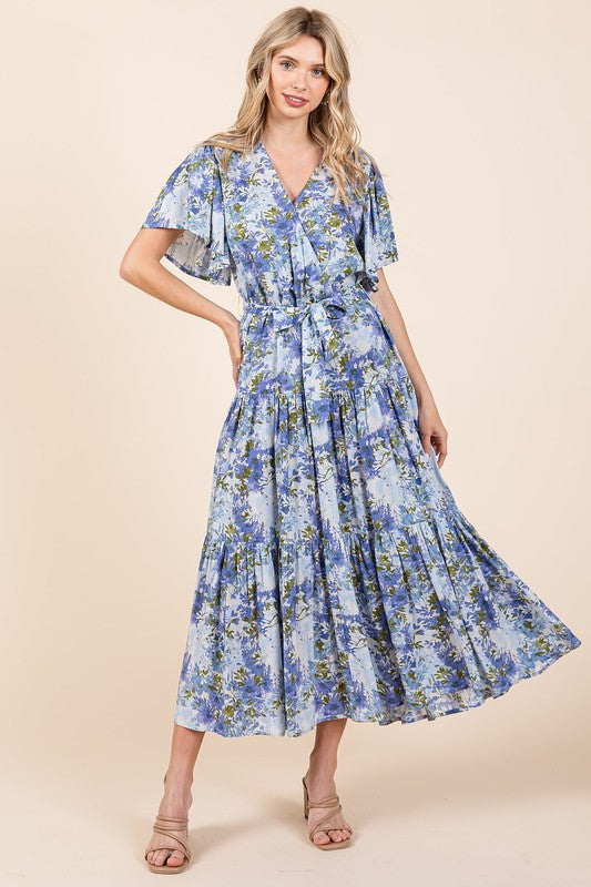 Floral Tie Waist Flutter Sleeve Tiered Dress for Women