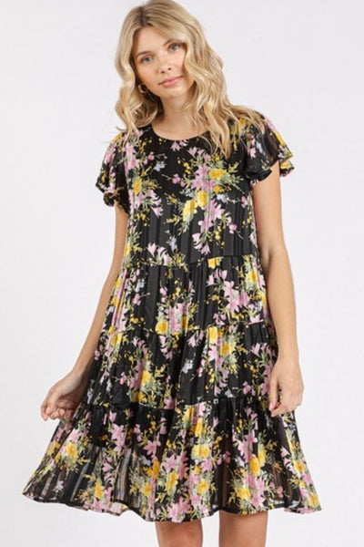 Summer Flower Print Round Neck Flutter Sleeve Tiered Dress