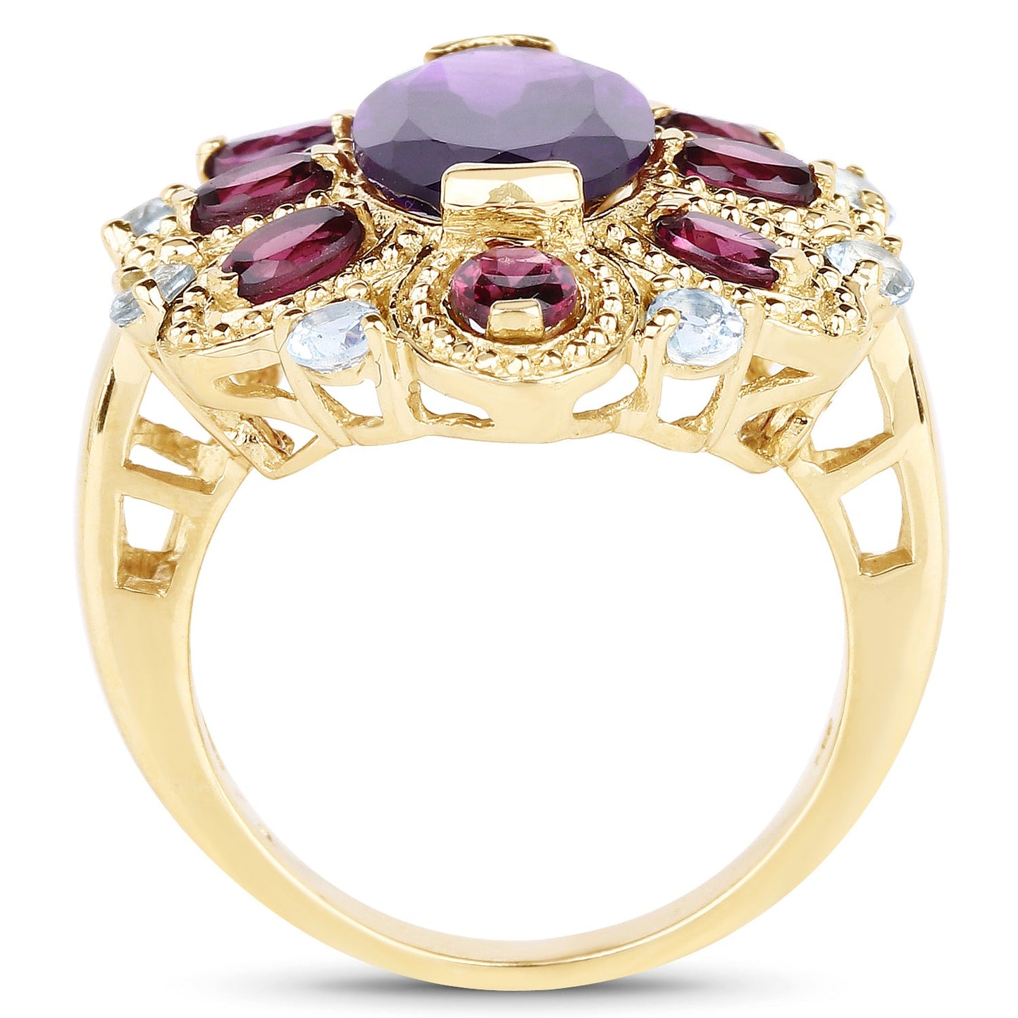 Anillo de cóctel de amatista y topacio chapado en oro amarillo de 14 quilates