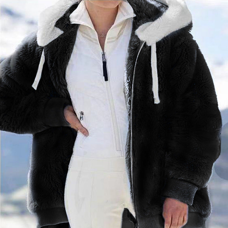 Autumn and Winter Loose Plush Zipper Hooded Jacket