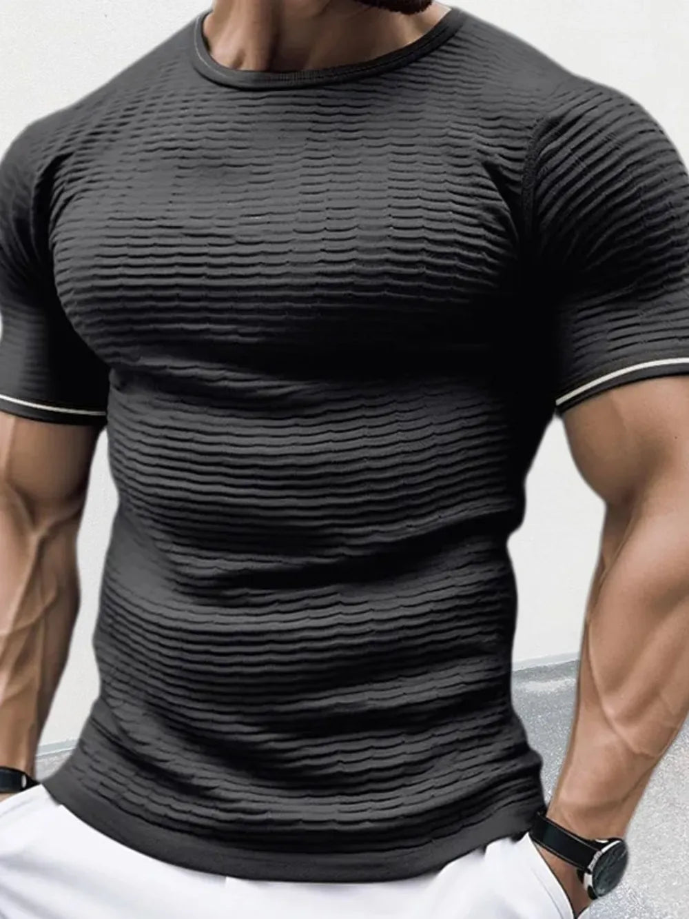 Men's Plus Size Textured Round Neck Contrast Trim T-Shirt