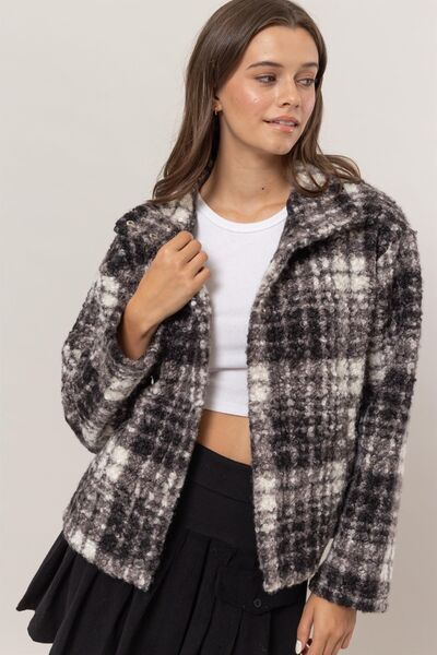 Chaqueta Bouclé a Cuadros con Cuello y Bolsillos