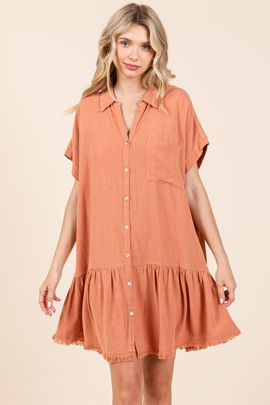 Linen Blend Button Down Shirt Mini Dress for Women