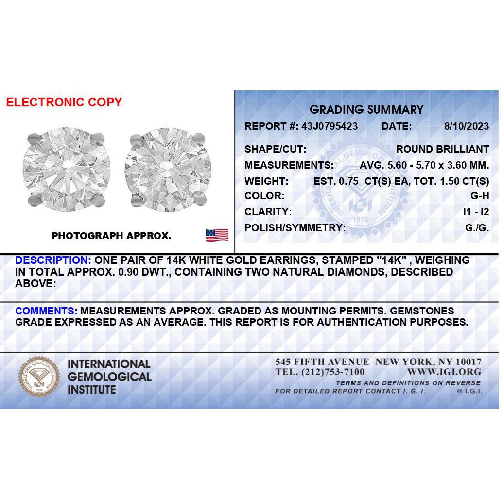 Boucles d'oreilles en diamant rond serties en or blanc 14K certifiées IGI de 1,5 carat