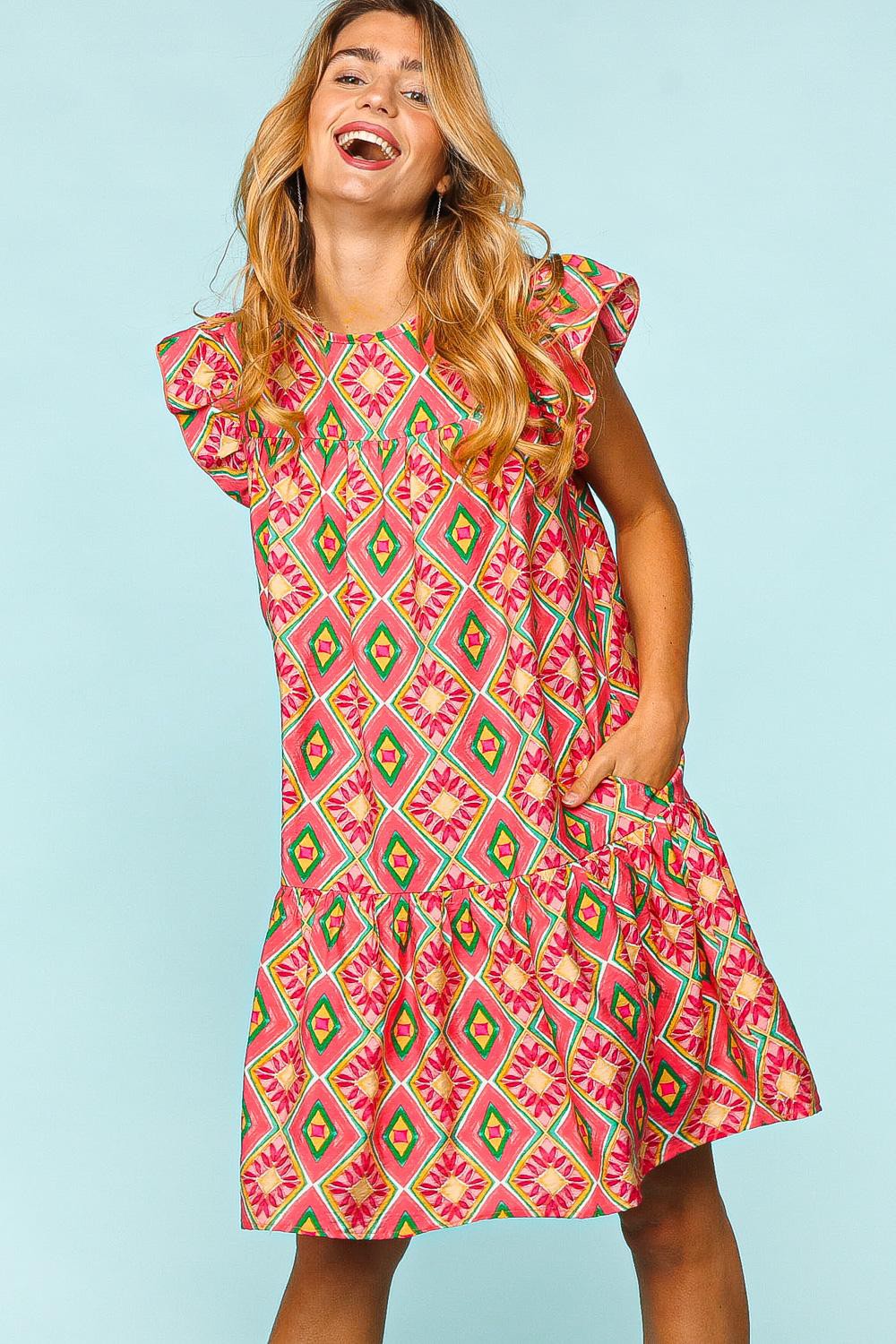 Chic Full Size Ruffled Printed Dress with Pockets