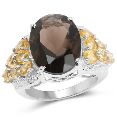 Bague en argent sterling avec quartz fumé de 9,74 carats, citrine et topaze blanche