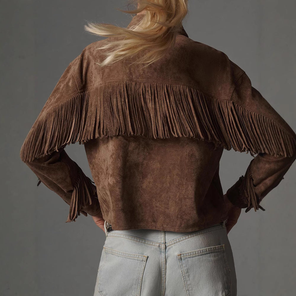 Manteau Trench Élégant Marron avec Détails en Frange au Col